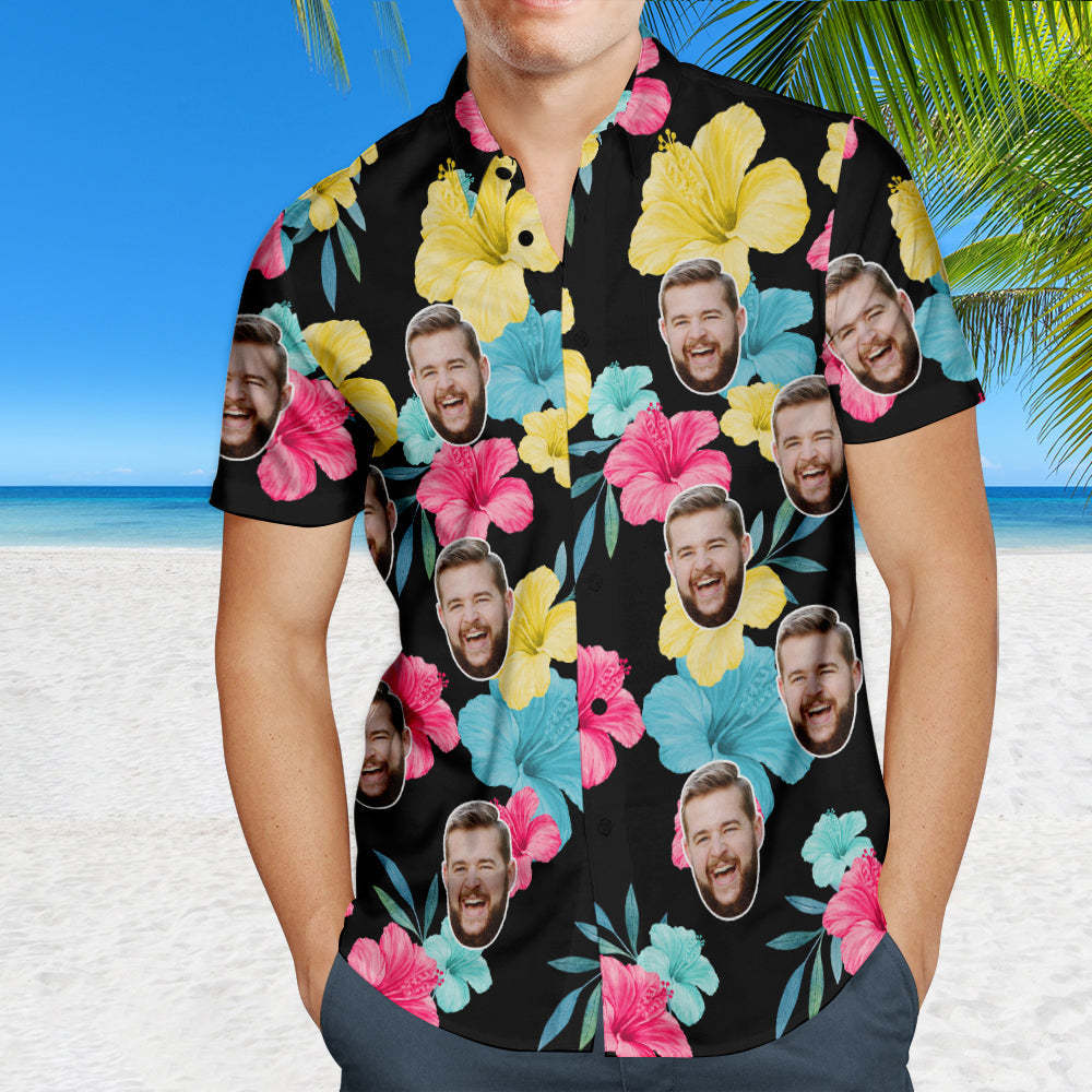 Chemise Hawaïenne Visage Personnalisé Chemises D'Été Photo Personnalisées Pour Hommes - Fleurs Multicolores