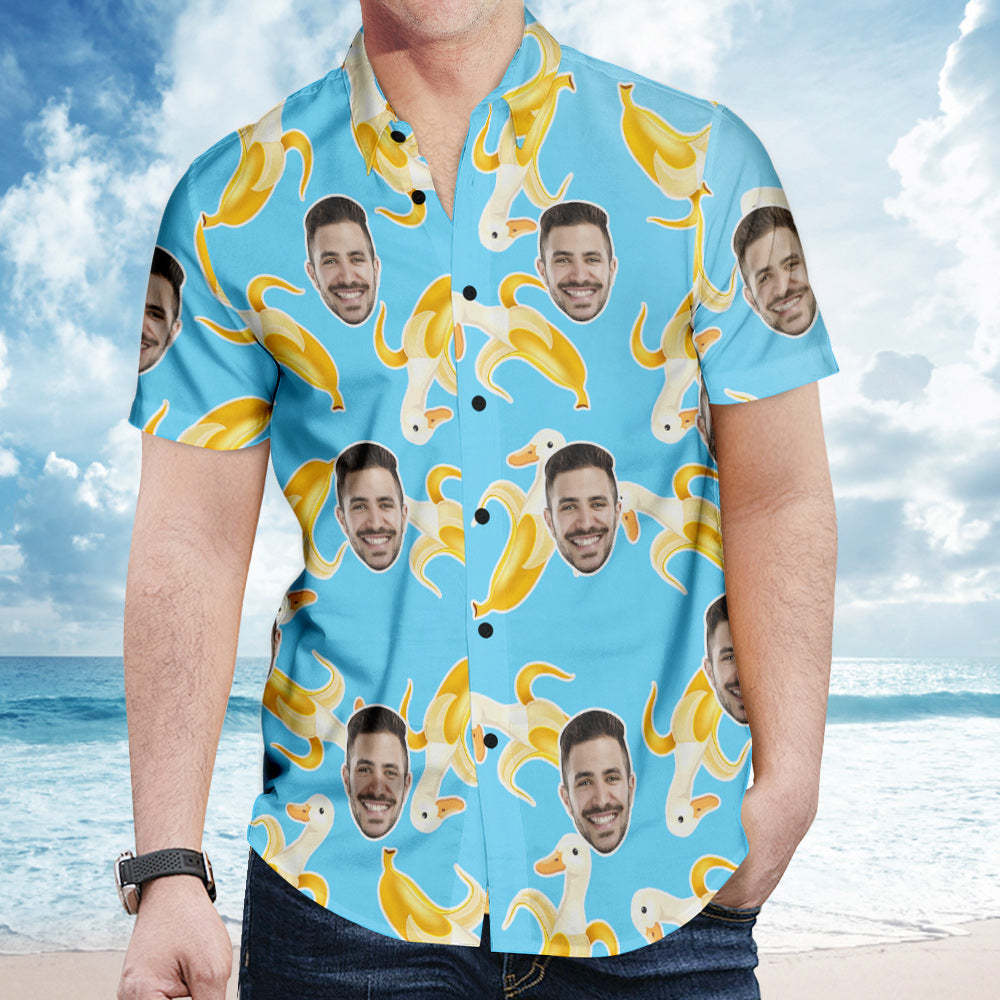 Chemise Hawaïenne Visage Personnalisé Chemises D'Été Photo Banana Duck Personnalisées Pour Hommes - Bleu