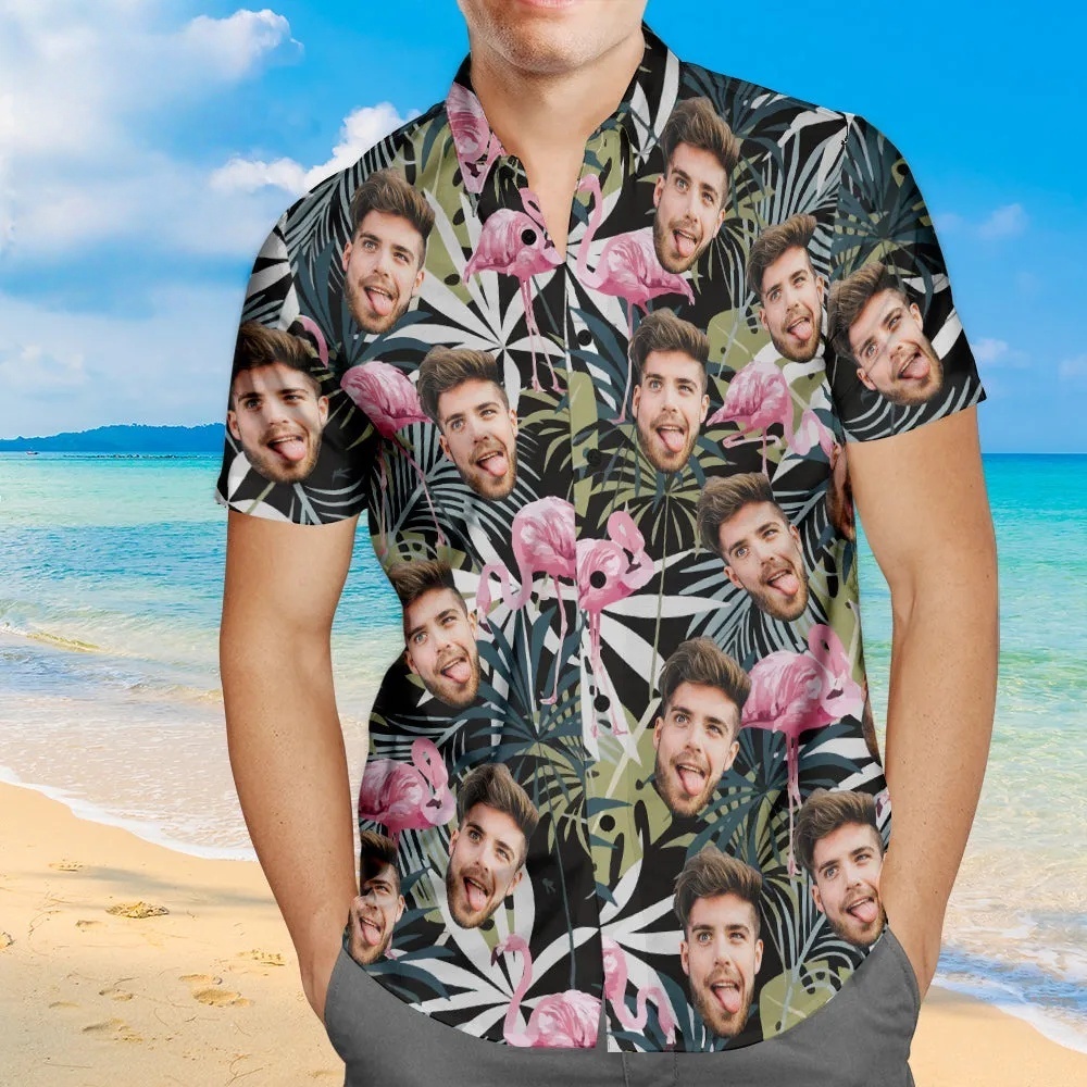 Chemise hawaïenne visage personnalisé Feuilles et flamant rose Chemise de plage Aloha personnalisée pour homme