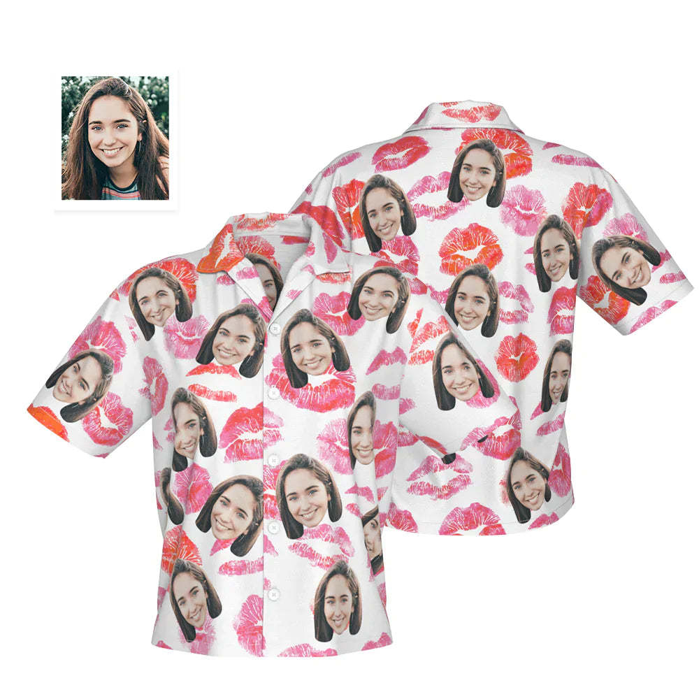 Visage Personnalisé Hawaiian Shirt Personnalité Femme Photo Kiss Shirt Valentine Cadeau Pour Elle