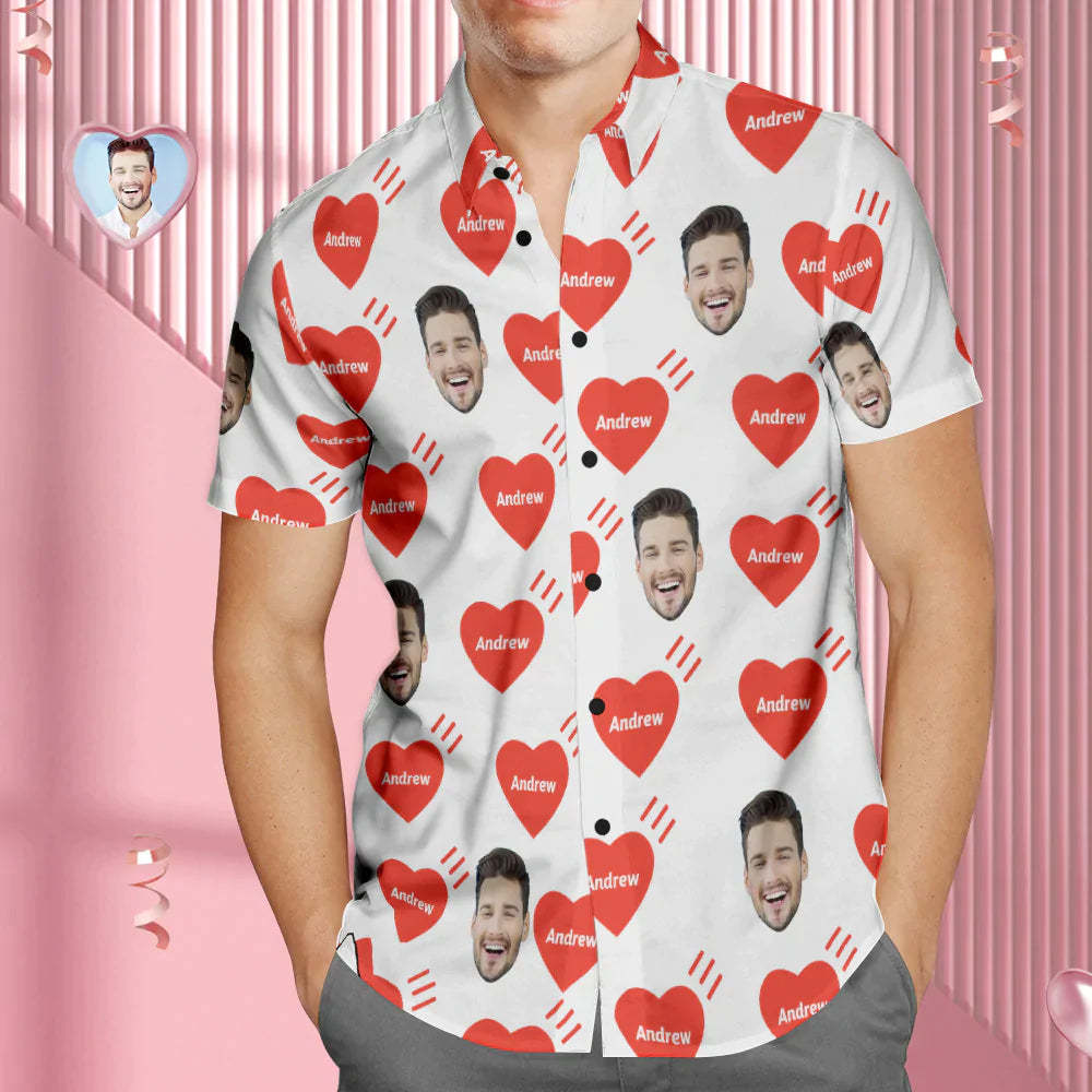Chemise Hawaïenne Personnalisée Avec Visage Et Nom Chemise D'Amour Photo Personnalisée Pour Homme Cadeau De La Saint-Valentin Coeur Rouge