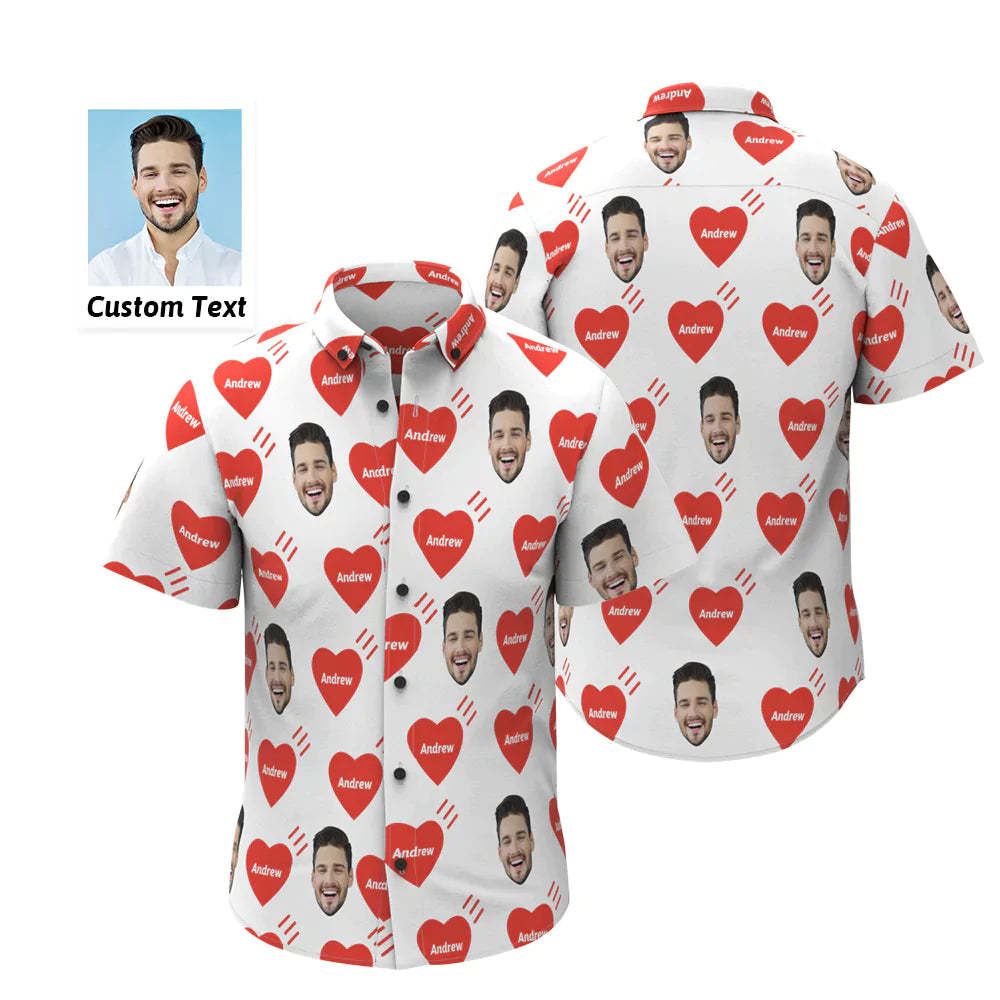 Chemise Hawaïenne Personnalisée Avec Visage Et Nom Chemise D'Amour Photo Personnalisée Pour Homme Cadeau De La Saint-Valentin Coeur Rouge