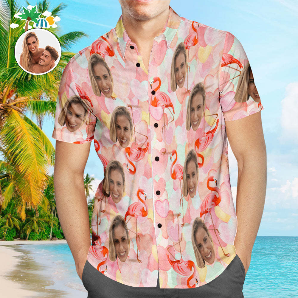 Chemises Hawaïennes De Visage Personnalisées Chemises Hawaïennes De Couple De Flamants Roses Personnalisées Cadeau De La Saint-valentin - MaPhotocaleconFr