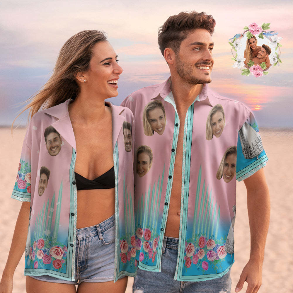Chemises Hawaïennes Personnalisées Pour Le Visage Couple Personnalisé Chemises De Plage De Vacances Roses Florales Cadeau De La Saint-valentin - MaPhotocaleconFr