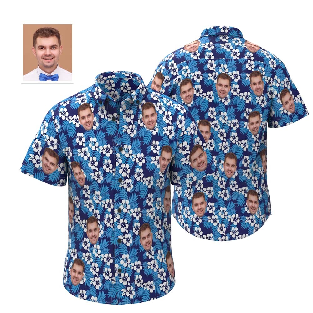 Chemise Hawaïenne Visage Personnalisée Chemise Bleue Photo Homme Personnalisée Motif Hibiscus - MaPhotocaleconFr