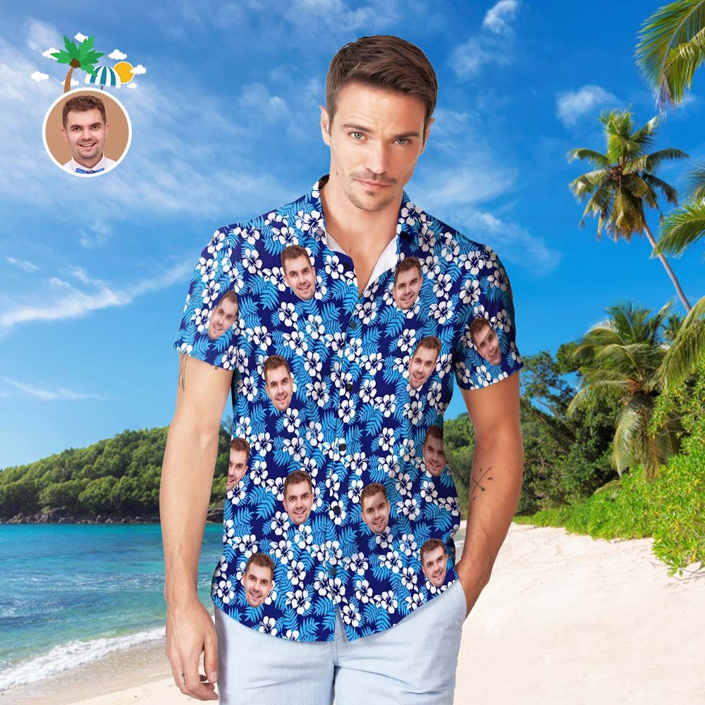 Chemise Hawaïenne Visage Personnalisée Chemise Bleue Photo Homme Personnalisée Motif Hibiscus - MaPhotocaleconFr