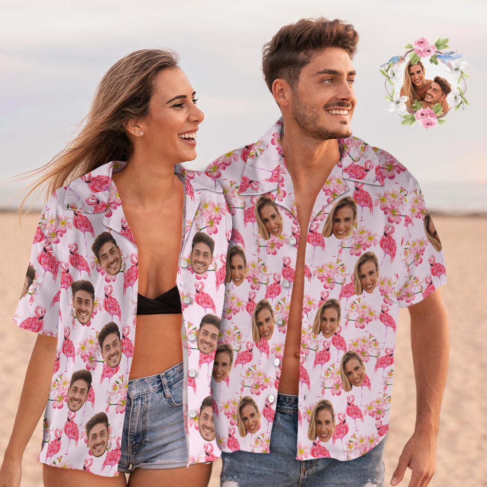 Couple De Visage Personnalisé Assorti Chemises Hawaïennes Cadeau De Saint Valentin Flamant Rose - MaPhotocaleconFr