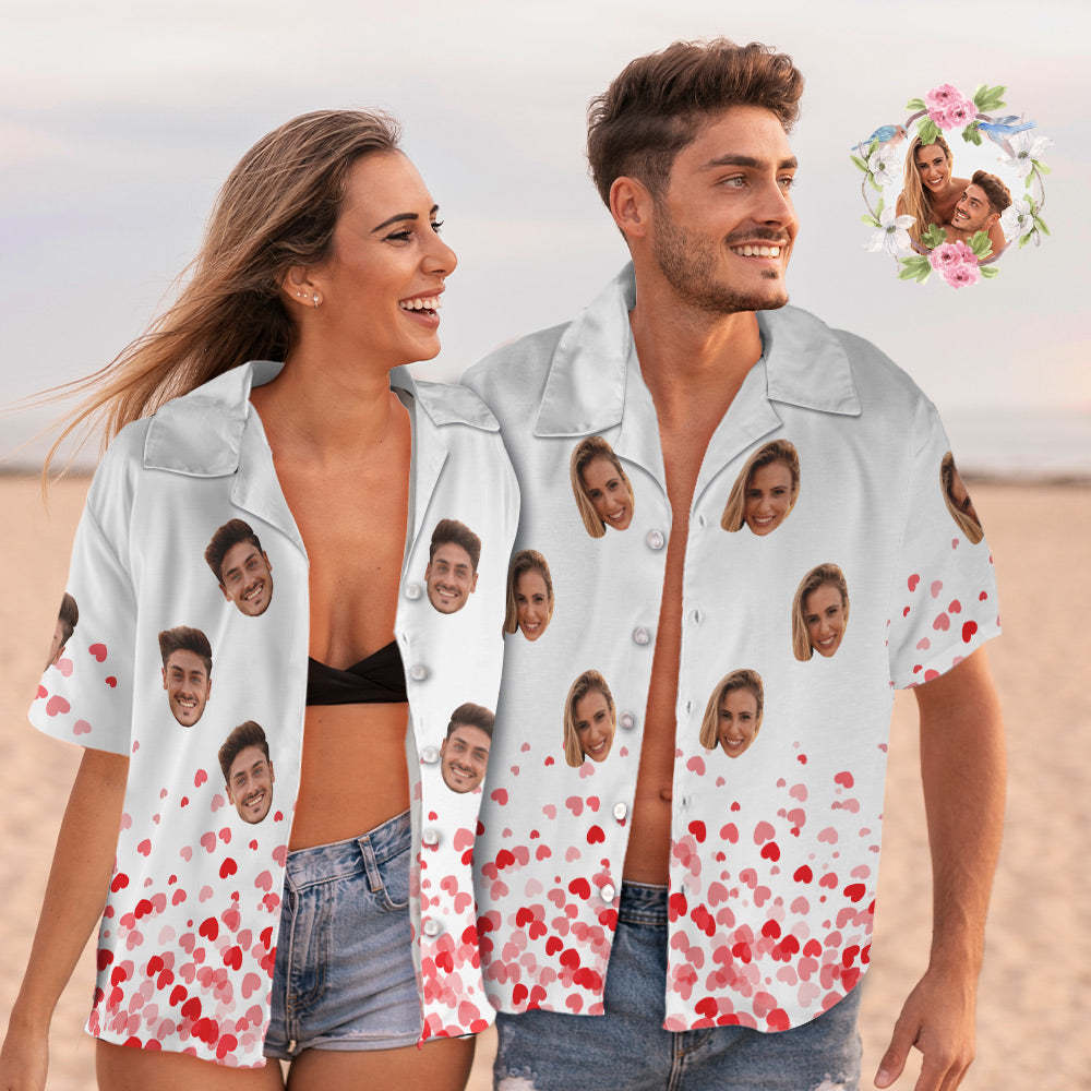 Couple De Visage Personnalisé Correspondant À Des Chemises Hawaïennes Love Heart Valentine's Day Gift - MaPhotocaleconFr