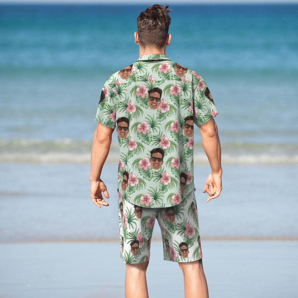 Visage Personnalisé Chemise Hawaïenne Et Short De Plage Ensemble Photo Homme Tropical Aloha Ensemble Cadeau De Fête De Vacances - MaPhotocaleconFr