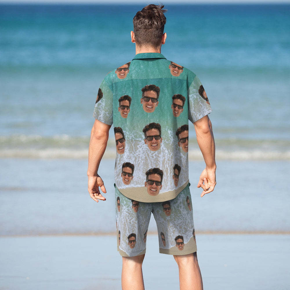 Ensemble De Chemise Hawaïenne Et De Shorts De Plage Avec Visage Personnalisé Ensemble D'impression De Vague De Photo Pour Hommes - MaPhotocaleconFr