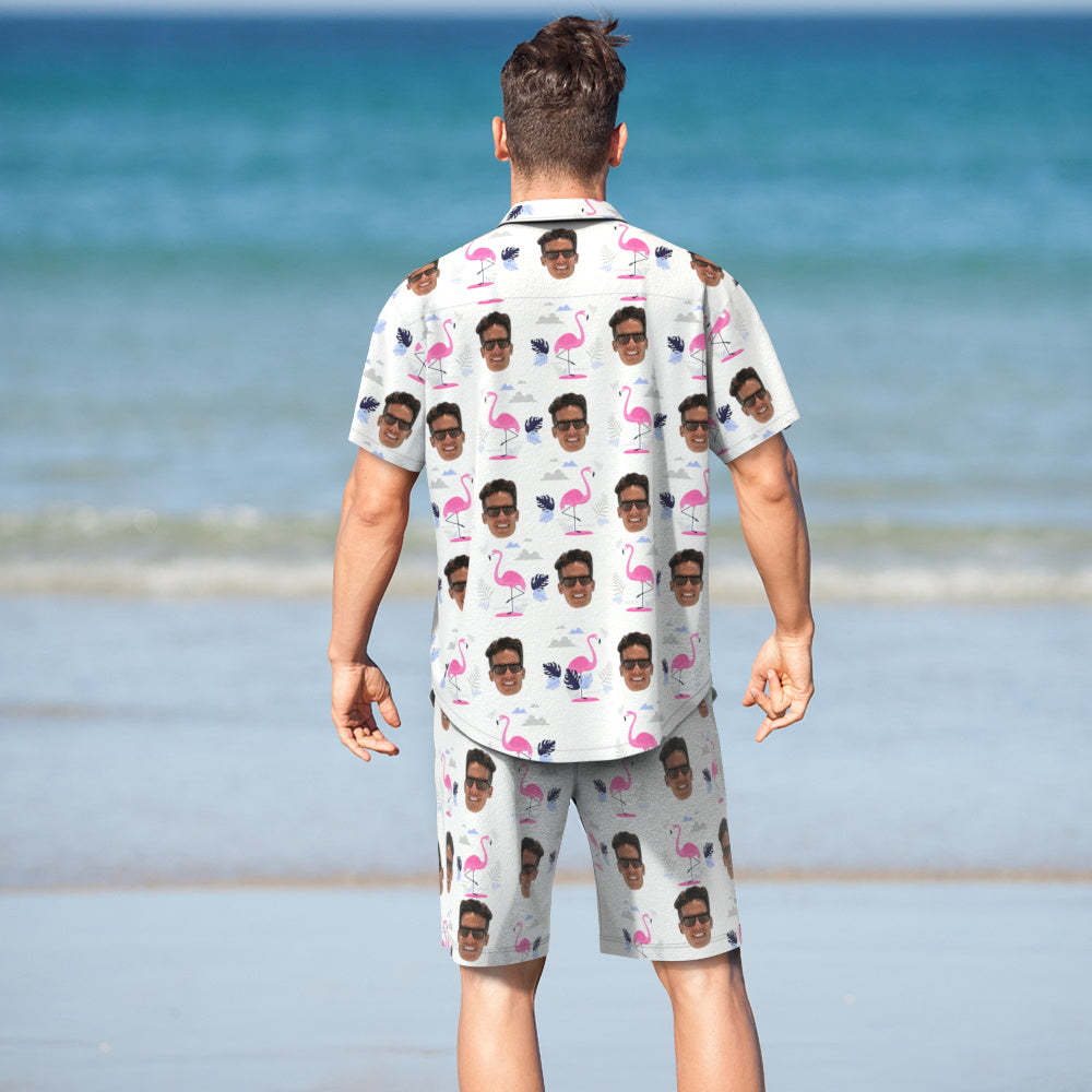 Visage Personnalisé Chemise Hawaïenne Et Short De Plage Ensemble Personnalisé Hommes Photo Flamant Rose Impression Ensemble Vacances Fête Cadeau - MaPhotocaleconFr