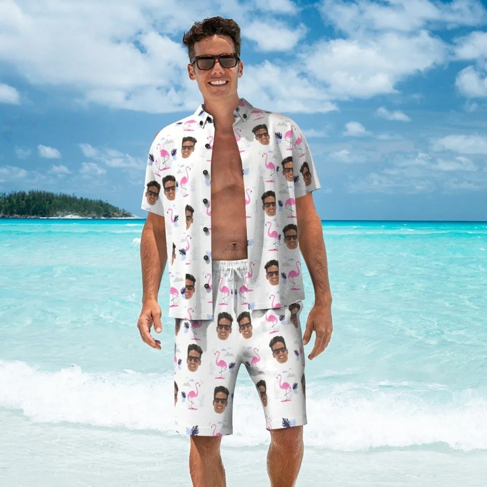 Visage Personnalisé Chemise Hawaïenne Et Short De Plage Personnalisé Hommes Photo Flamant Rose Impression Vacances Fête Cadeau