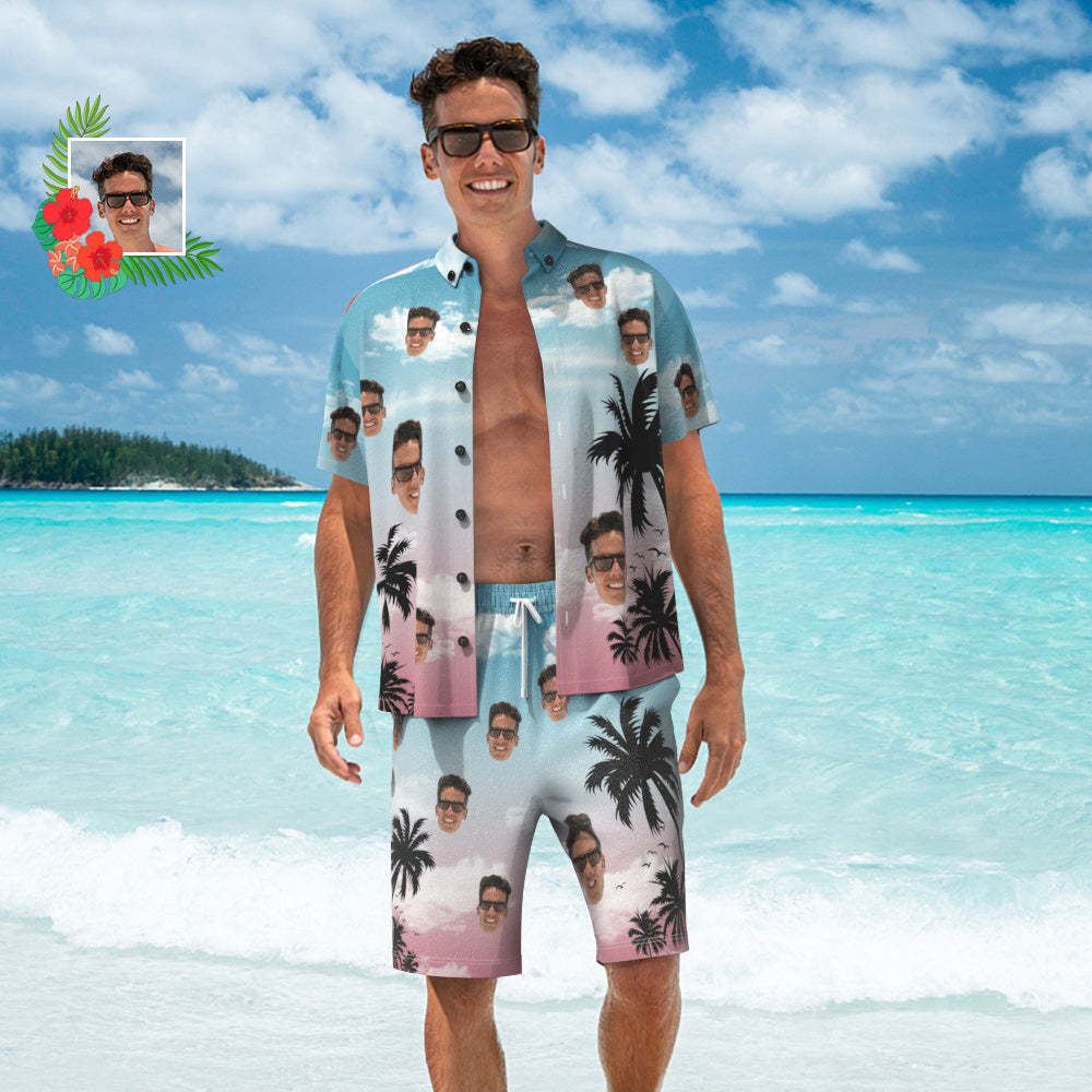 Visage Personnalisé Chemise Hawaïenne Et Short De Plage Ensemble Personnalisé Hommes Photo Cocotier Vue Ensemble Vacances Fête Cadeau - MaPhotocaleconFr