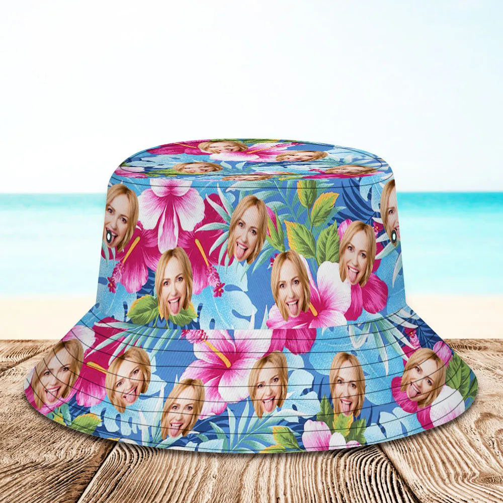 Chapeau seau personnalisé visage personnalisé imprimé fleur tropicale chapeau de pêcheur hawaïen - fleurs roses