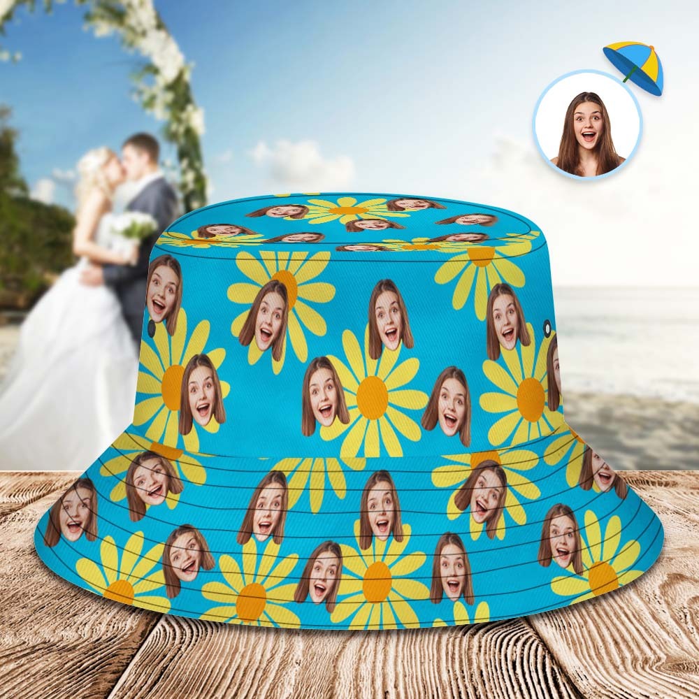Chapeau seau personnalisé visage personnalisé imprimé fleur tropicale chapeau de pêcheur hawaïen - fleurs jaunes Cadeau de mariage