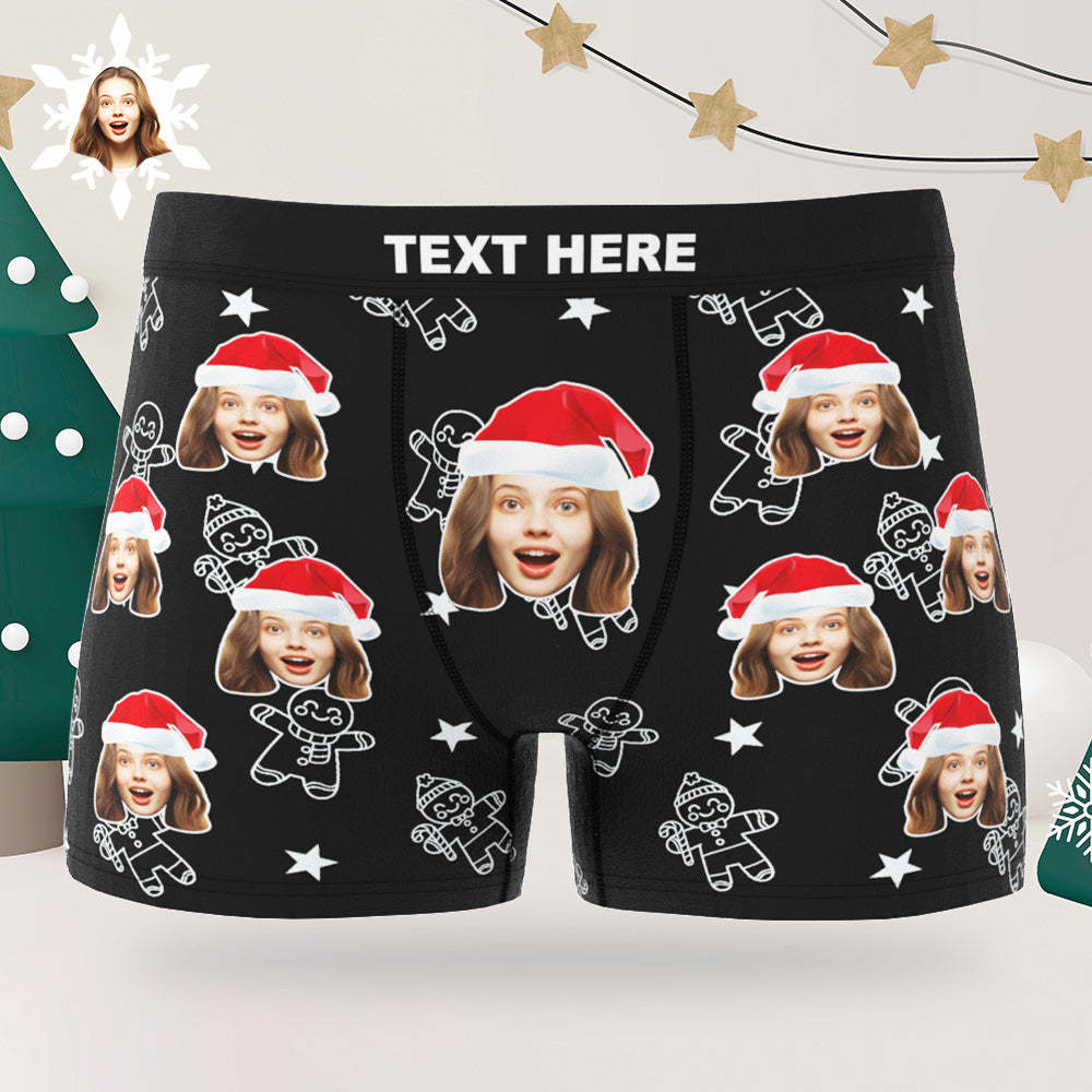 Sous-vêtements De Noël Personnalisés Avec Visage, Boxers Personnalisés Imprimés Avec Motif Biscuit Et Chapeaux, Cadeau Pour Petit Ami - MaPhotoCaleçonFr