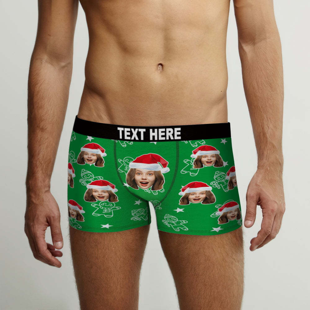 Sous-vêtements De Noël Personnalisés Avec Visage, Boxers Personnalisés Imprimés Avec Motif Biscuit Et Chapeaux, Cadeau Pour Petit Ami - MaPhotoCaleçonFr