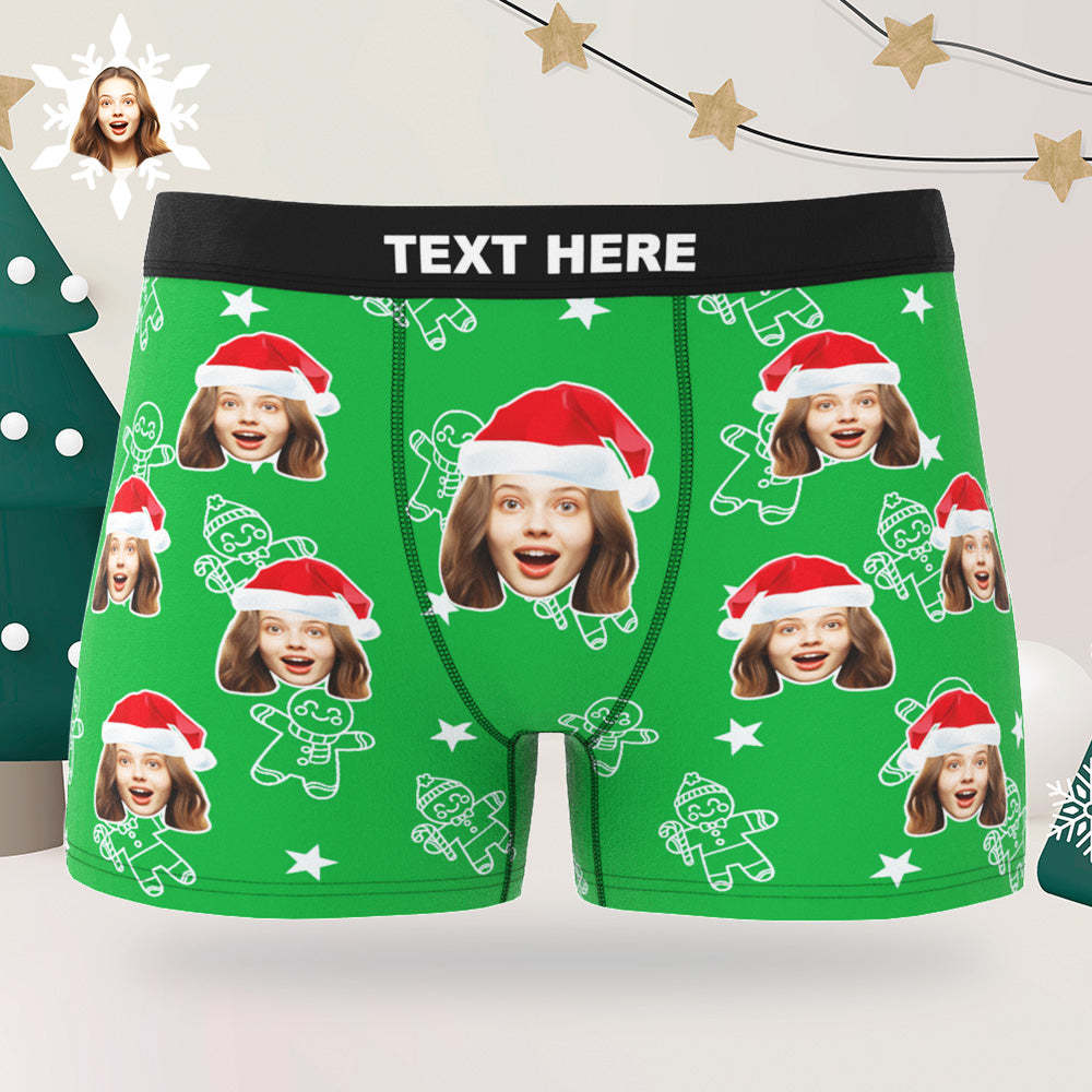 Sous-vêtements De Noël Personnalisés Avec Visage, Boxers Personnalisés Imprimés Avec Motif Biscuit Et Chapeaux, Cadeau Pour Petit Ami - MaPhotoCaleçonFr