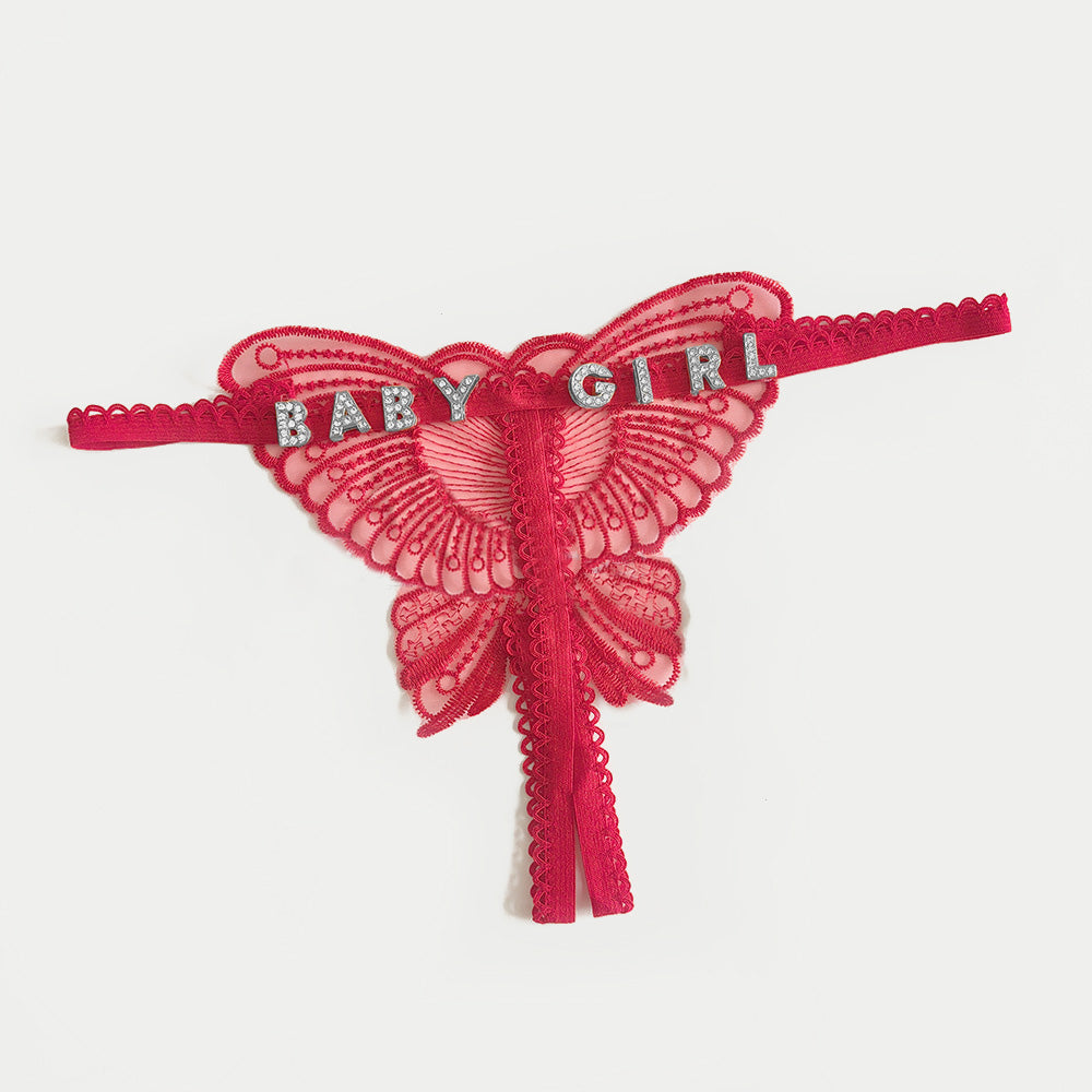 Culotte Taille Basse En Dentelle Personnalisée, Papillon Creux, Avec Bijoux, Lettre En Cristal, Nom, Coupe Ouverte, Sous-vêtements Pour Femmes - MaPhotocaleconFr