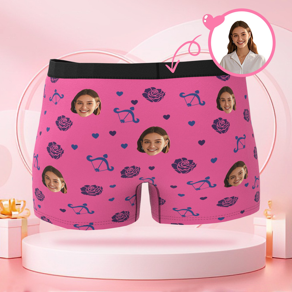 Photo Personnalisée Roses Et Flèche De Cupidon Boxer Pour Hommes, Visage Personnalisé, Cadeau Surprise Pour Petit Ami Le Jour De La Saint-valentin - MaPhotocaleconFr
