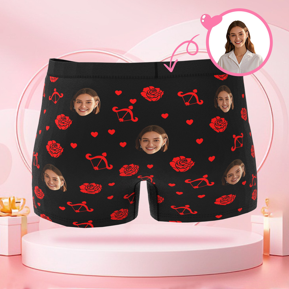 Photo Personnalisée Roses Et Flèche De Cupidon Boxer Pour Hommes, Visage Personnalisé, Cadeau Surprise Pour Petit Ami Le Jour De La Saint-valentin - MaPhotocaleconFr