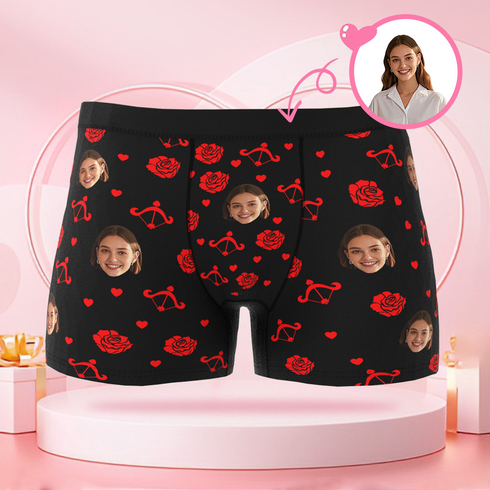 Photo Personnalisée Roses Et Flèche De Cupidon Boxer Pour Hommes, Visage Personnalisé, Cadeau Surprise Pour Petit Ami Le Jour De La Saint-valentin - MaPhotocaleconFr