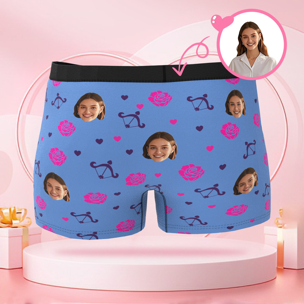 Photo Personnalisée Roses Et Flèche De Cupidon Boxer Pour Hommes, Visage Personnalisé, Cadeau Surprise Pour Petit Ami Le Jour De La Saint-valentin - MaPhotocaleconFr