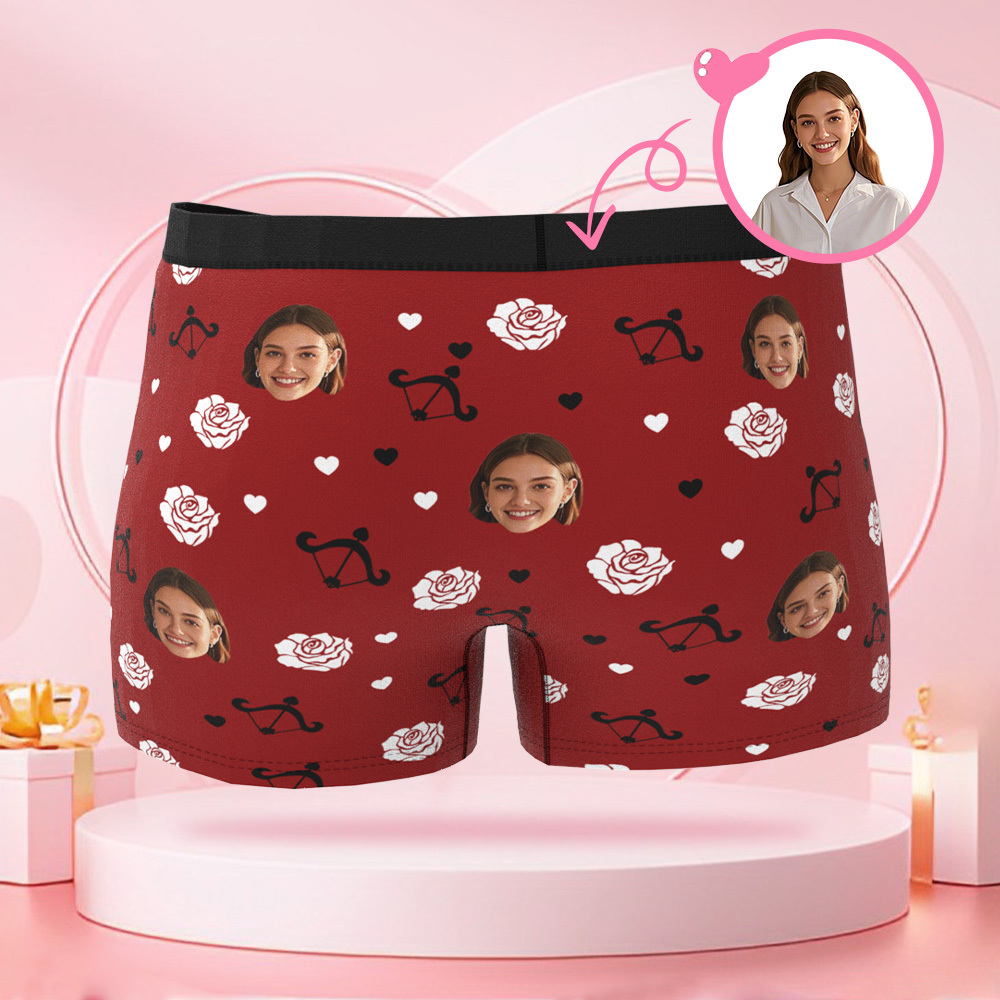 Photo Personnalisée Roses Et Flèche De Cupidon Boxer Pour Hommes, Visage Personnalisé, Cadeau Surprise Pour Petit Ami Le Jour De La Saint-valentin - MaPhotocaleconFr