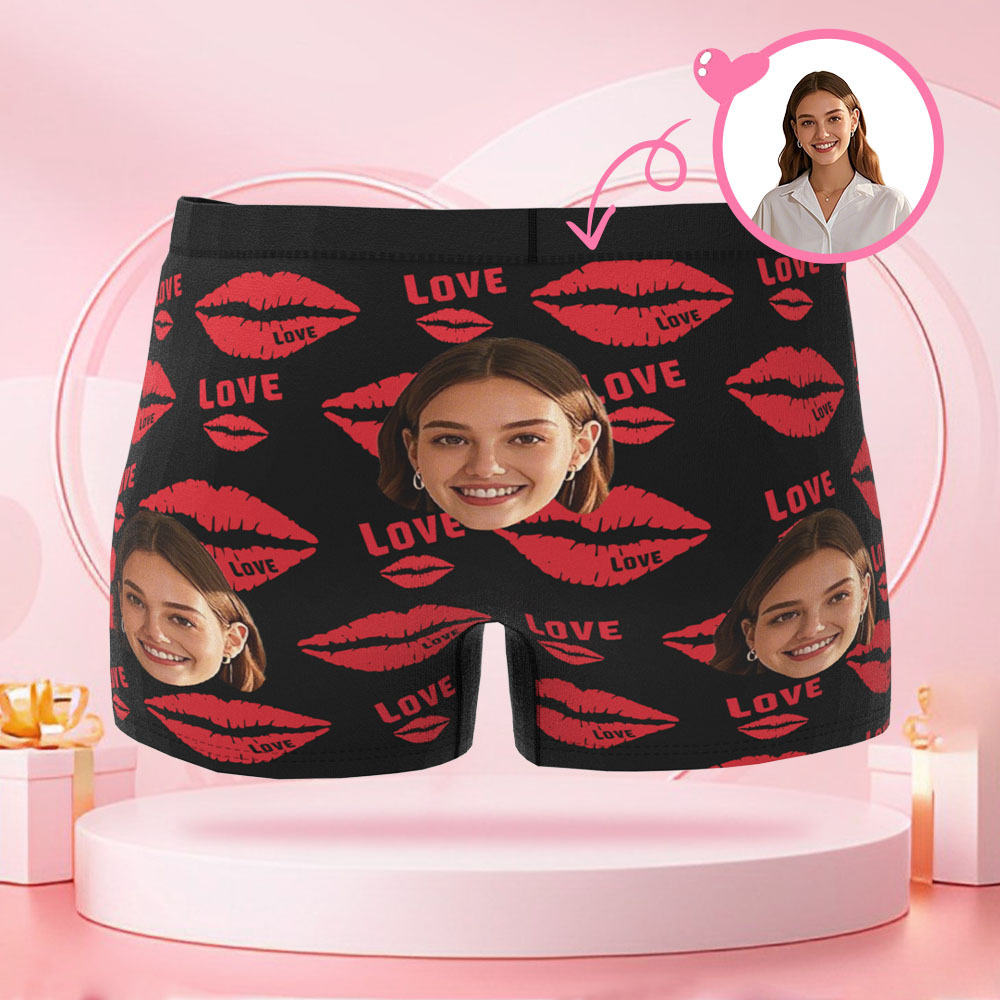 Boxer Personnalisé Pour Hommes Avec Photo De Visage, Avec Rouge À Lèvres Imprimé Kiss Mark, Cadeau De Saint-valentin Pour Petit Ami - MaPhotocaleconFr