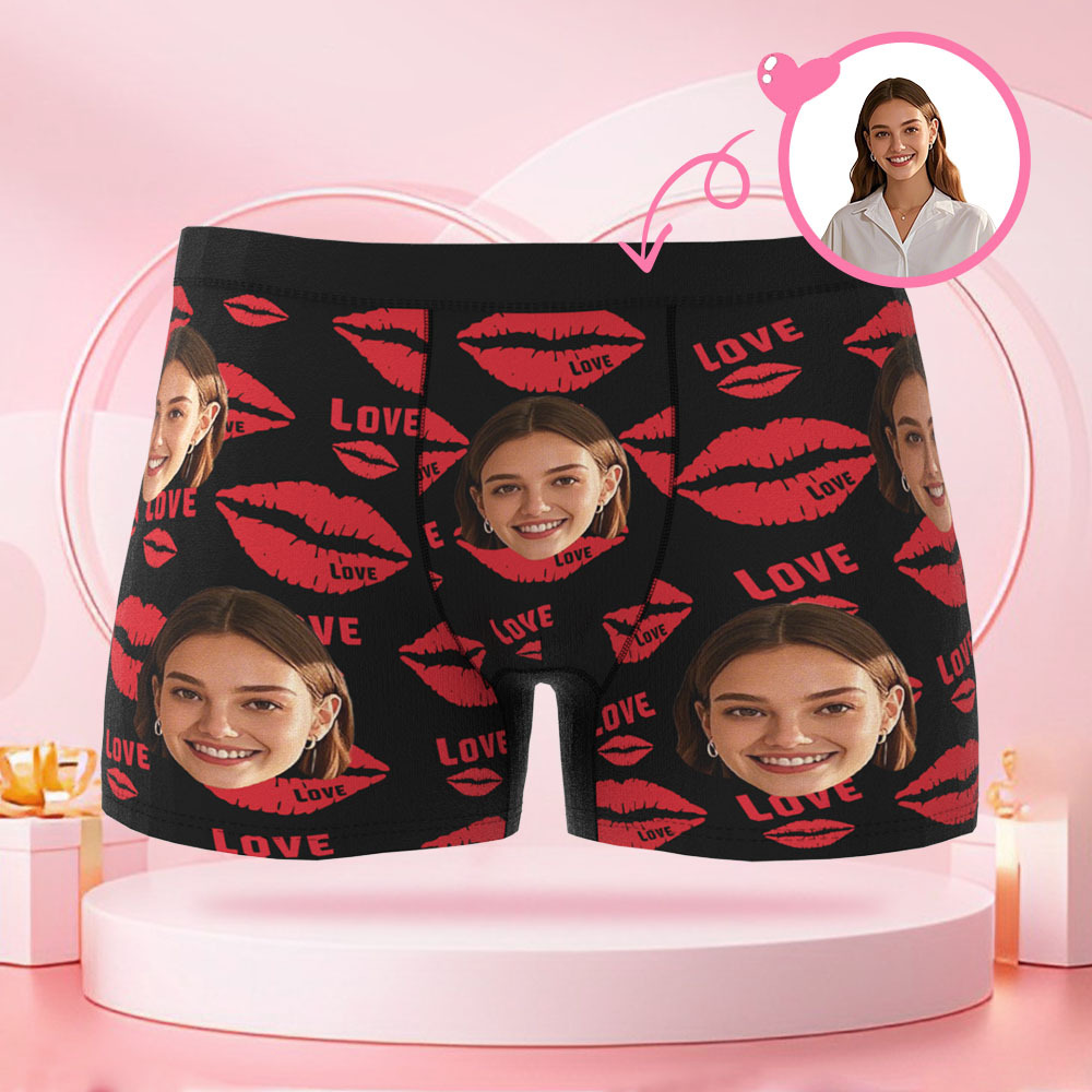 Boxer Personnalisé Pour Hommes Avec Photo De Visage, Avec Rouge À Lèvres Imprimé Kiss Mark, Cadeau De Saint-valentin Pour Petit Ami - MaPhotocaleconFr