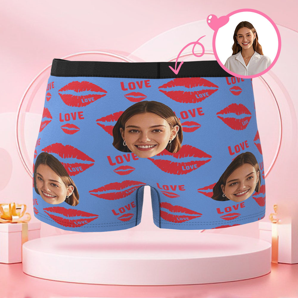 Boxer Personnalisé Pour Hommes Avec Photo De Visage, Avec Rouge À Lèvres Imprimé Kiss Mark, Cadeau De Saint-valentin Pour Petit Ami - MaPhotocaleconFr