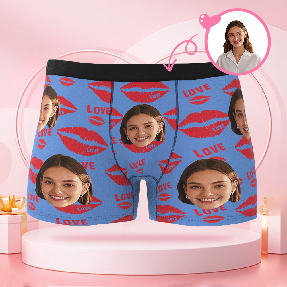 Boxer Personnalisé Pour Hommes Avec Photo De Visage, Avec Rouge À Lèvres Imprimé Kiss Mark, Cadeau De Saint-valentin Pour Petit Ami - MaPhotocaleconFr