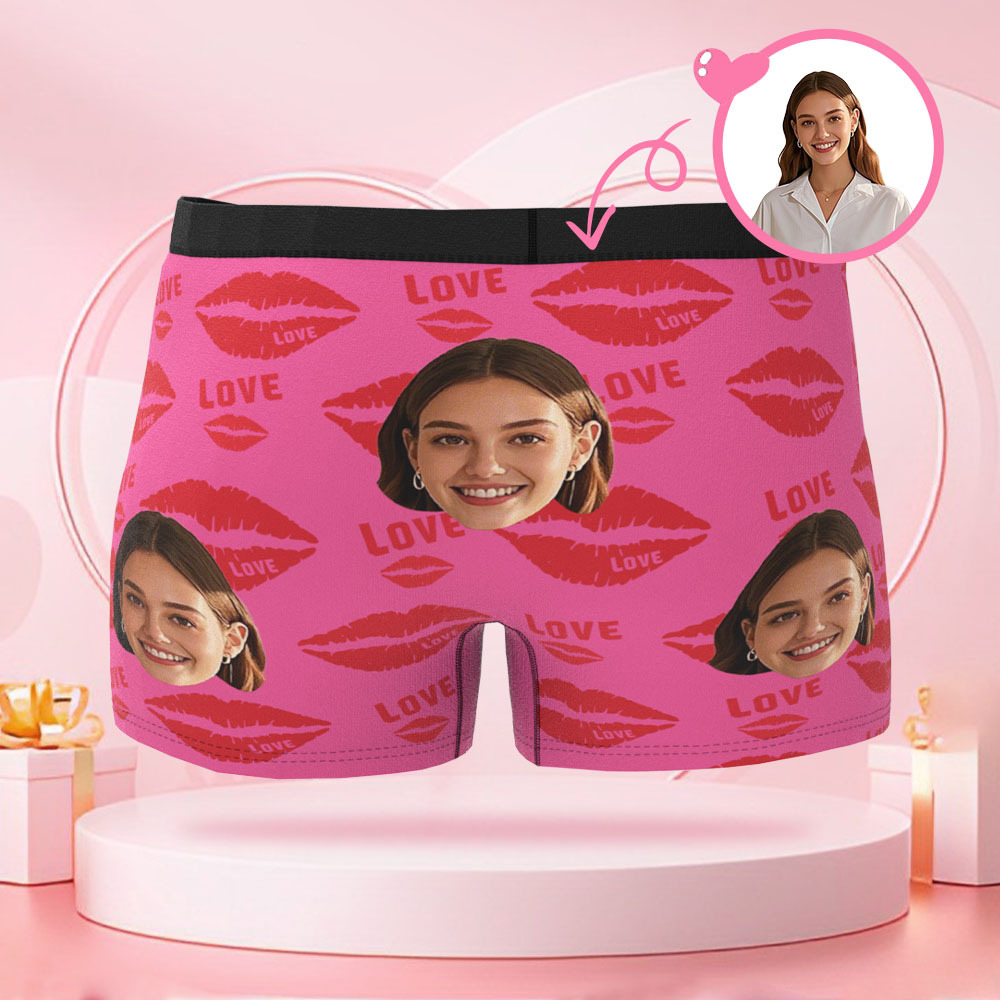 Boxer Personnalisé Pour Hommes Avec Photo De Visage, Avec Rouge À Lèvres Imprimé Kiss Mark, Cadeau De Saint-valentin Pour Petit Ami - MaPhotocaleconFr