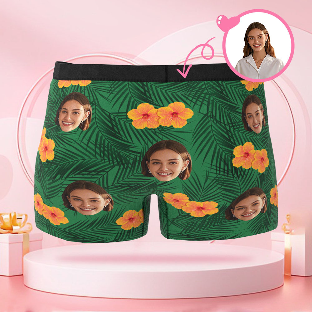 Boxer Personnalisé À Visage Humain Pour Hommes, Cadeau Surprise Pour Petit Ami Le Jour De La Saint-valentin Avec Fleurs Et Feuilles - MaPhotocaleconFr