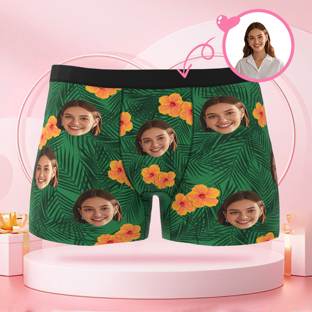 Boxer Personnalisé À Visage Humain Pour Hommes, Cadeau Surprise Pour Petit Ami Le Jour De La Saint-valentin Avec Fleurs Et Feuilles - MaPhotocaleconFr