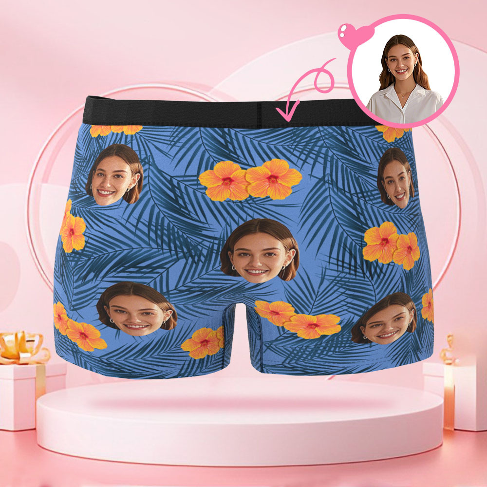 Boxer Personnalisé À Visage Humain Pour Hommes, Cadeau Surprise Pour Petit Ami Le Jour De La Saint-valentin Avec Fleurs Et Feuilles - MaPhotocaleconFr