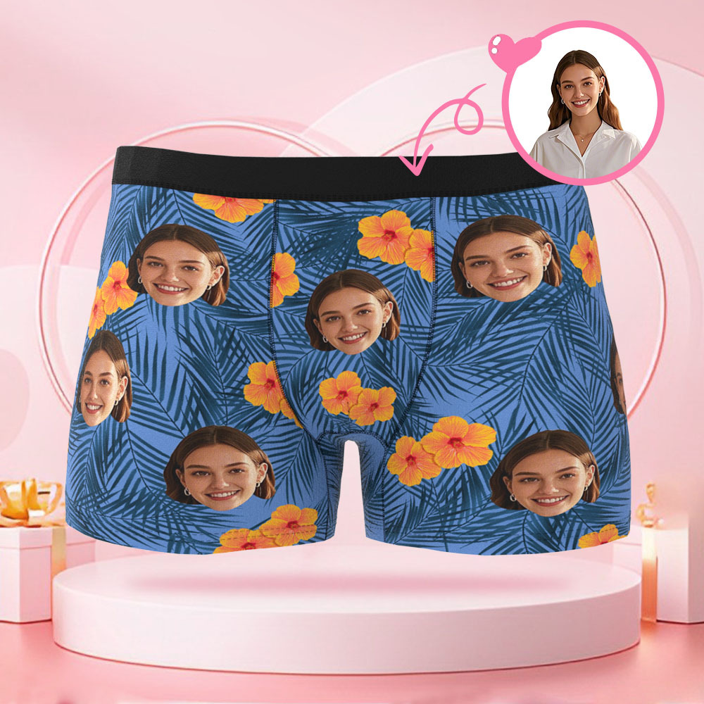 Boxer Personnalisé À Visage Humain Pour Hommes, Cadeau Surprise Pour Petit Ami Le Jour De La Saint-valentin Avec Fleurs Et Feuilles - MaPhotocaleconFr