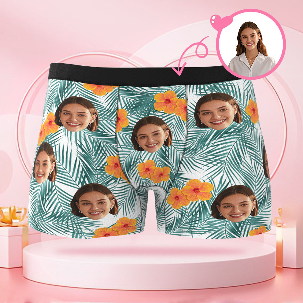Boxer Personnalisé À Visage Humain Pour Hommes, Cadeau Surprise Pour Petit Ami Le Jour De La Saint-valentin Avec Fleurs Et Feuilles - MaPhotocaleconFr