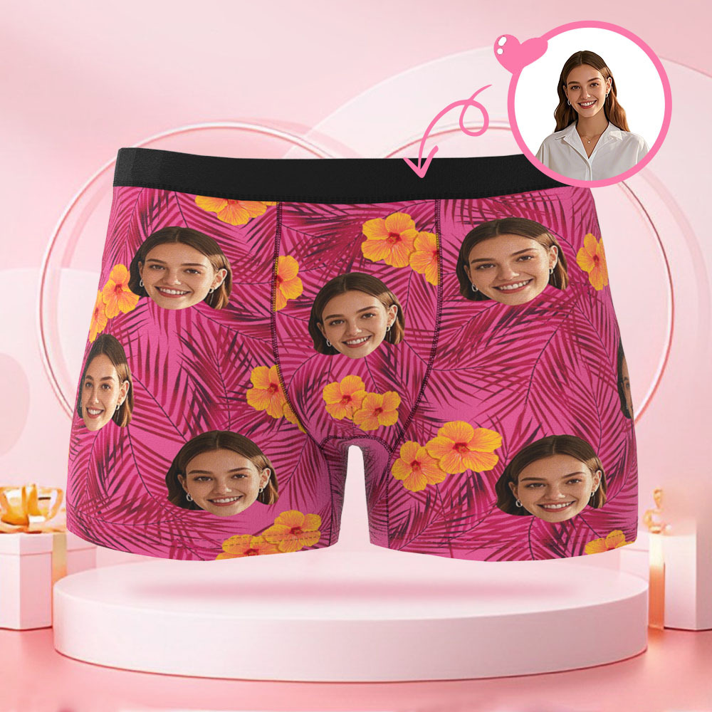 Boxer Personnalisé À Visage Humain Pour Hommes, Cadeau Surprise Pour Petit Ami Le Jour De La Saint-valentin Avec Fleurs Et Feuilles - MaPhotocaleconFr