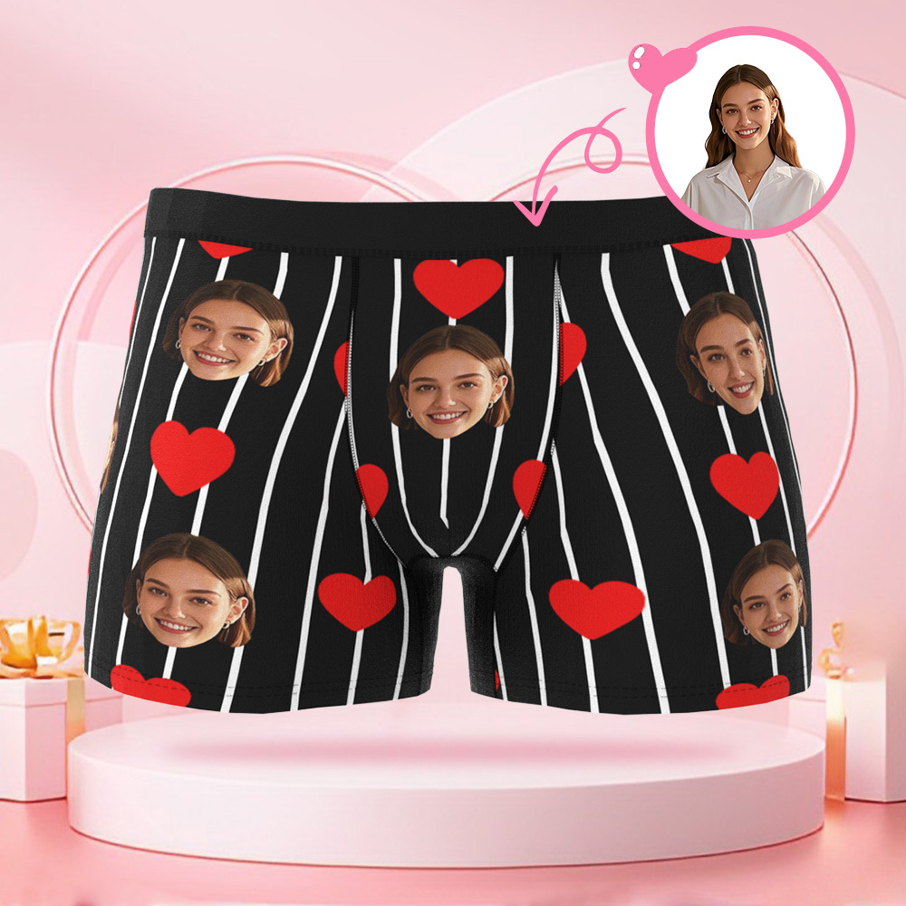 Boxer Personnalisé En Forme De Cœur À Rayures Pour Hommes, Avec Visage Personnalisé, Cadeau Surprise Pour Petit Ami Le Jour De La Saint-valentin - MaPhotocaleconFr