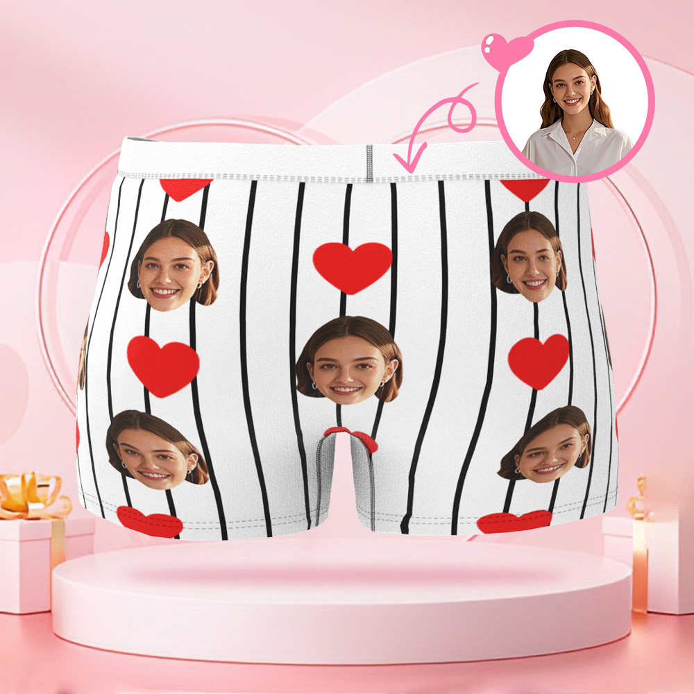 Boxer Personnalisé En Forme De Cœur À Rayures Pour Hommes, Avec Visage Personnalisé, Cadeau Surprise Pour Petit Ami Le Jour De La Saint-valentin - MaPhotocaleconFr