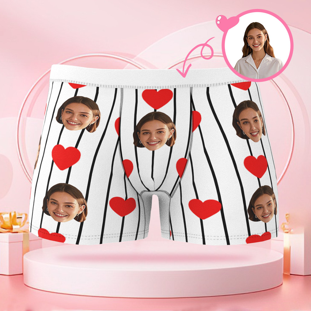 Boxer Personnalisé En Forme De Cœur À Rayures Pour Hommes, Avec Visage Personnalisé, Cadeau Surprise Pour Petit Ami Le Jour De La Saint-valentin - MaPhotocaleconFr