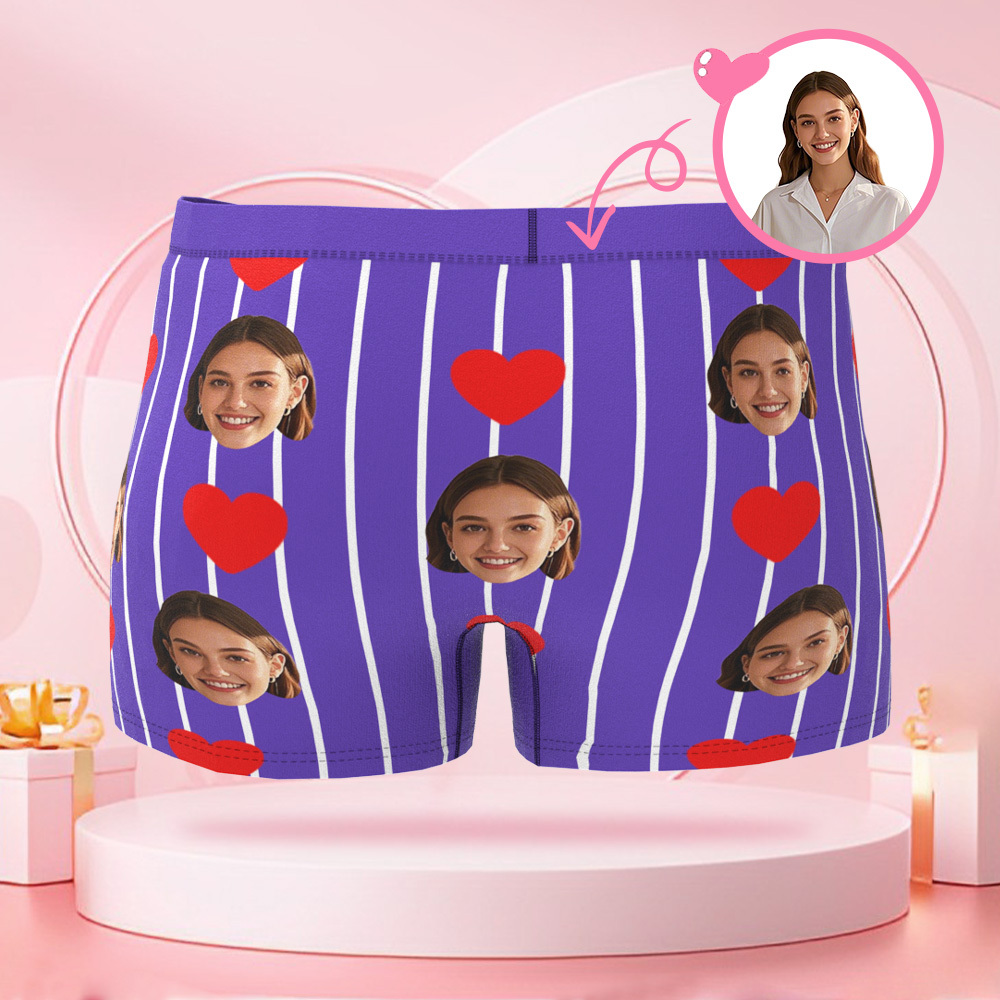 Boxer Personnalisé En Forme De Cœur À Rayures Pour Hommes, Avec Visage Personnalisé, Cadeau Surprise Pour Petit Ami Le Jour De La Saint-valentin - MaPhotocaleconFr