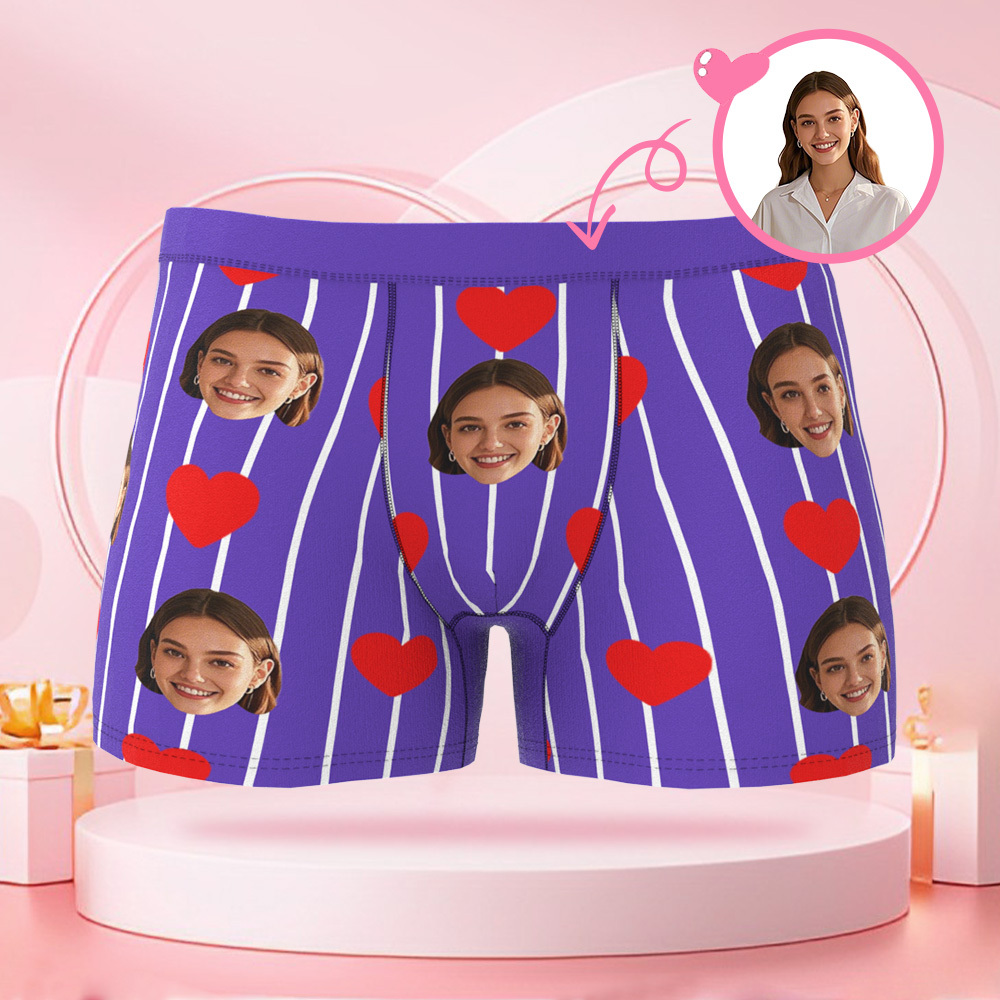 Boxer Personnalisé En Forme De Cœur À Rayures Pour Hommes, Avec Visage Personnalisé, Cadeau Surprise Pour Petit Ami Le Jour De La Saint-valentin - MaPhotocaleconFr