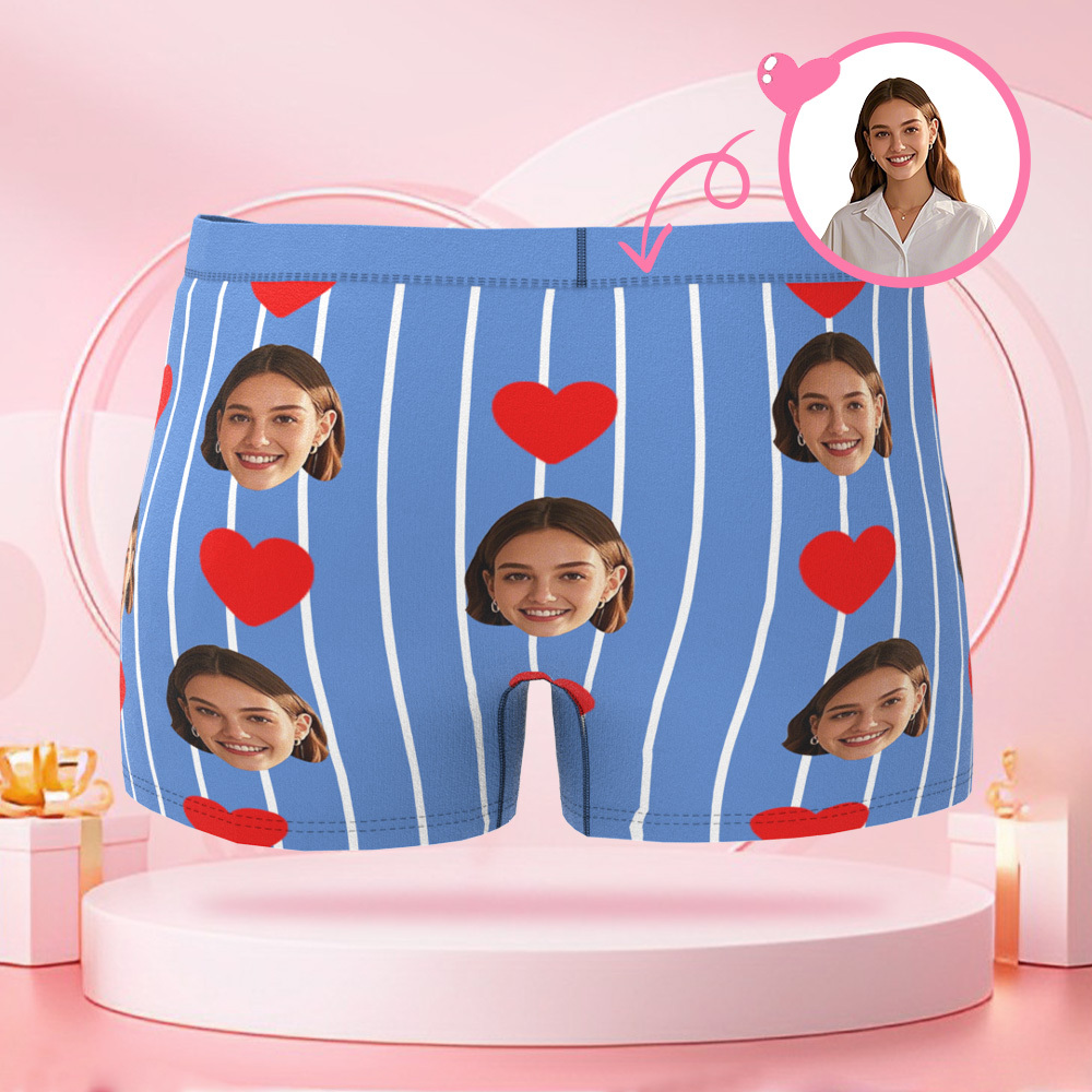 Boxer Personnalisé En Forme De Cœur À Rayures Pour Hommes, Avec Visage Personnalisé, Cadeau Surprise Pour Petit Ami Le Jour De La Saint-valentin - MaPhotocaleconFr