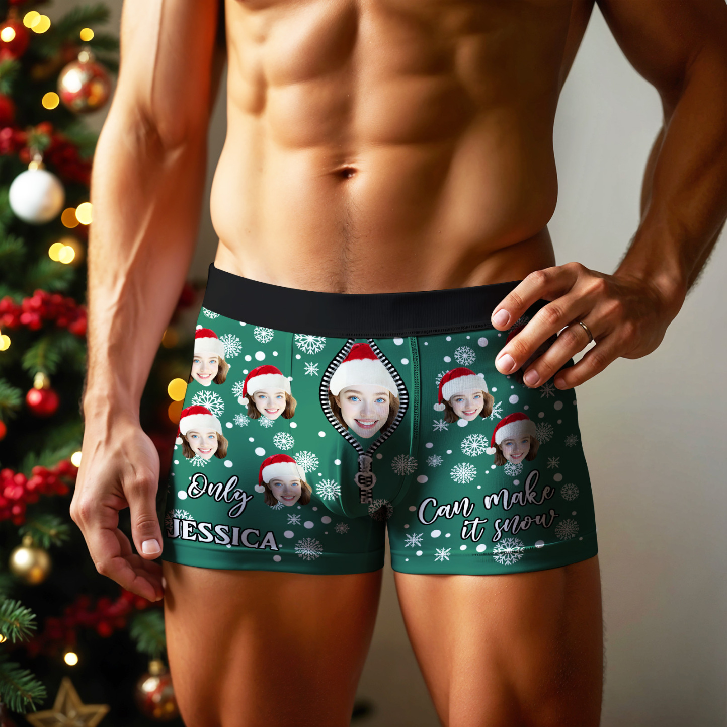 Boxers Personnalisés Avec Un Visage De Noël - Seul Toi Peux Faire Neiger - Cadeau Humoristique Pour Lui - MaPhotocaleconFr