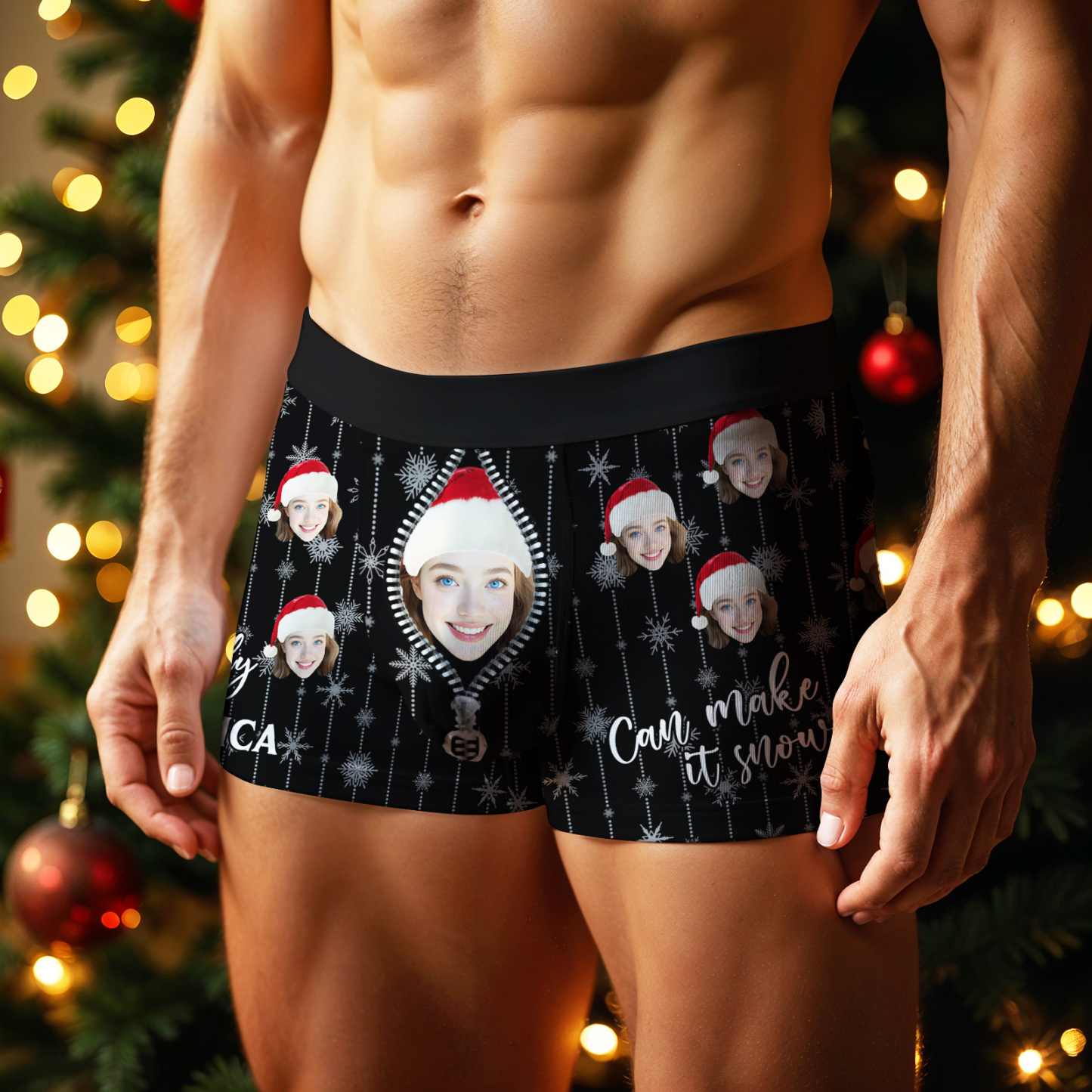 Boxers Personnalisés Avec Un Visage De Noël - Seul Toi Peux Faire Neiger - Cadeau Humoristique Pour Lui - MaPhotocaleconFr