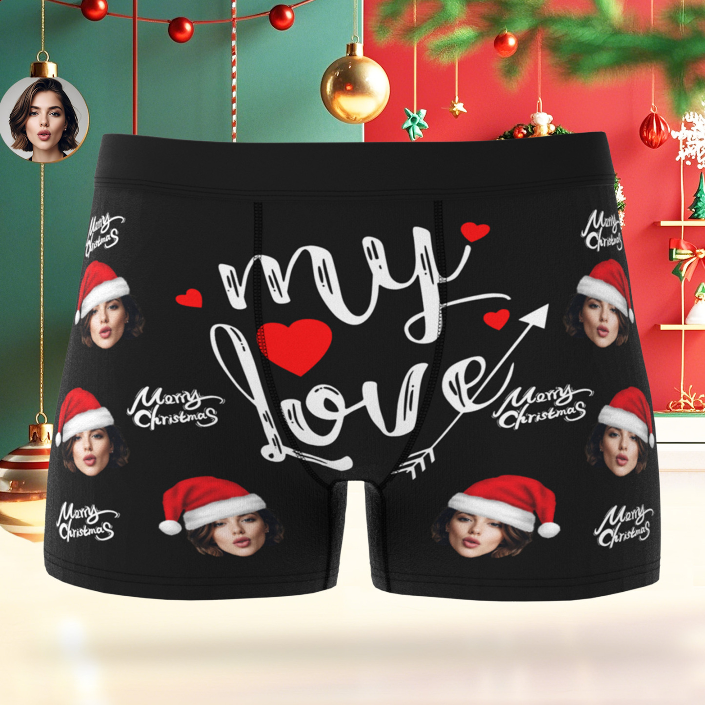 Boxers Pour Homme Personnalisés Pour Noël Avec Le Logo « Mon Amour » Et Le Visage Du Personnage - Cadeau Idéal Pour Petit Ami, Mari Ou Couple - MaPhotocaleconFr