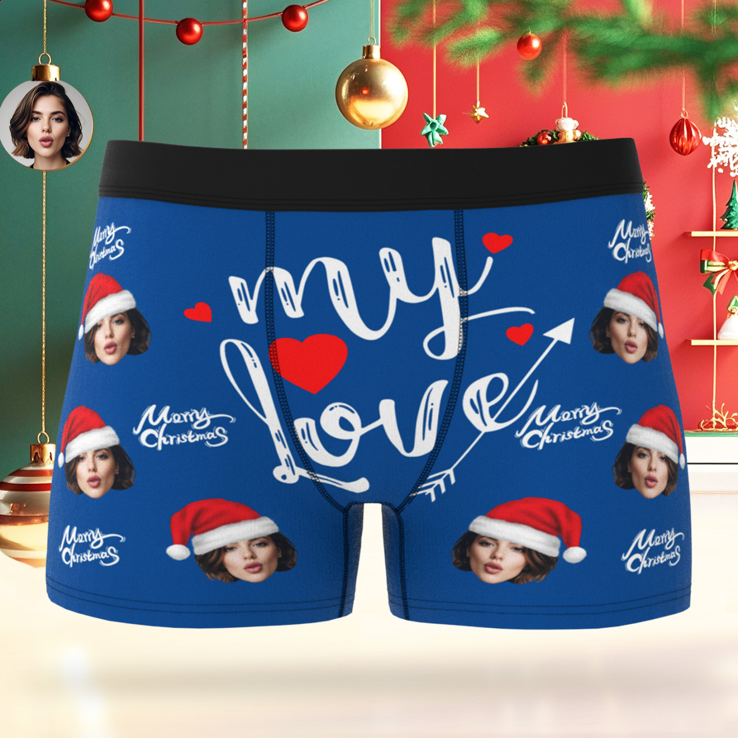Boxers Pour Homme Personnalisés Pour Noël Avec Le Logo « Mon Amour » Et Le Visage Du Personnage - Cadeau Idéal Pour Petit Ami, Mari Ou Couple - MaPhotocaleconFr