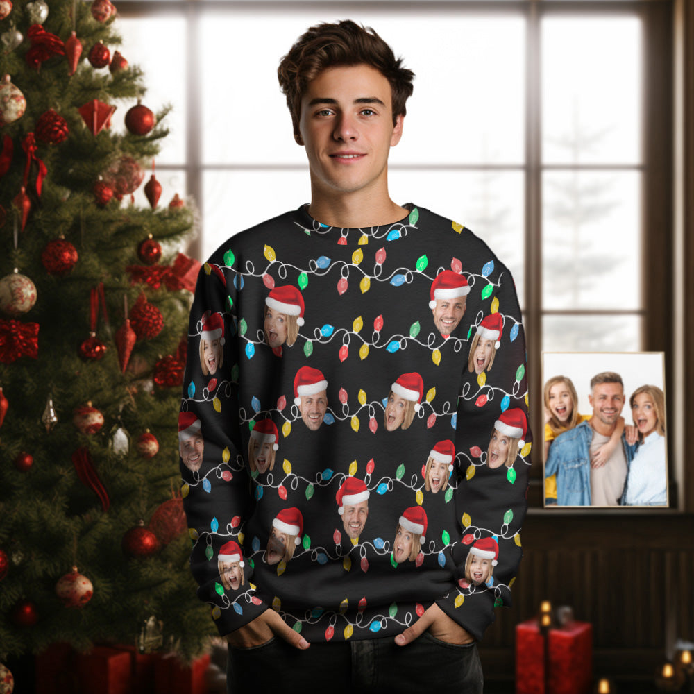 Pull À Col Rond Pour Hommes, Visage Personnalisé, Photo De Noël, Famille, Led, Pulls - MaPhotocaleconFr
